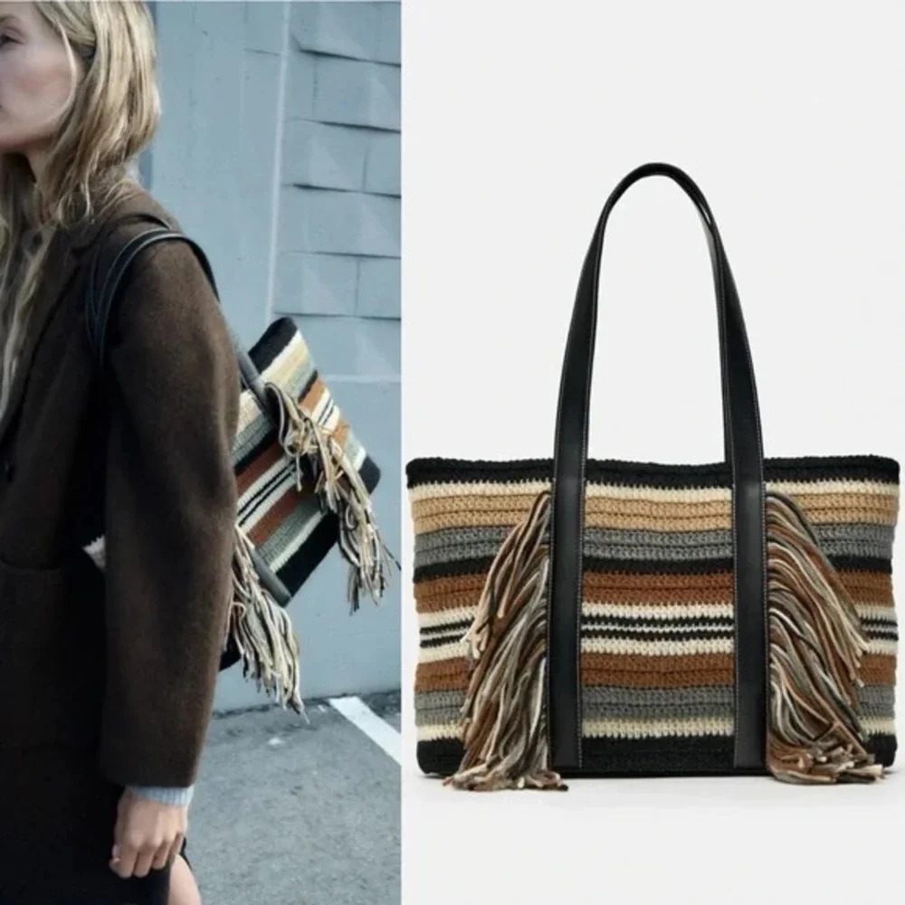Zara Knit Fringe Striped Shopper Bag